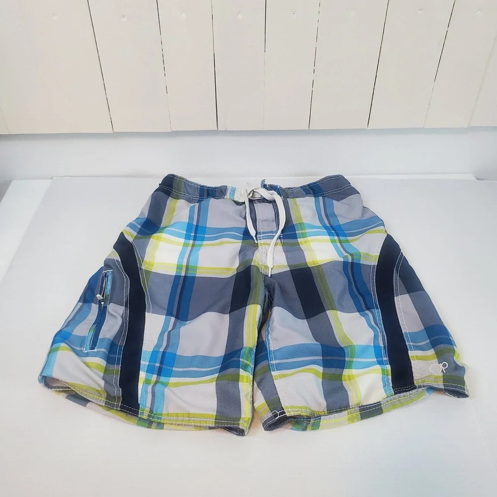 OP Ocean Pacific Mens Navy Plaid Board Shorts Swim Trunks Size M 32-34 OM23223Y